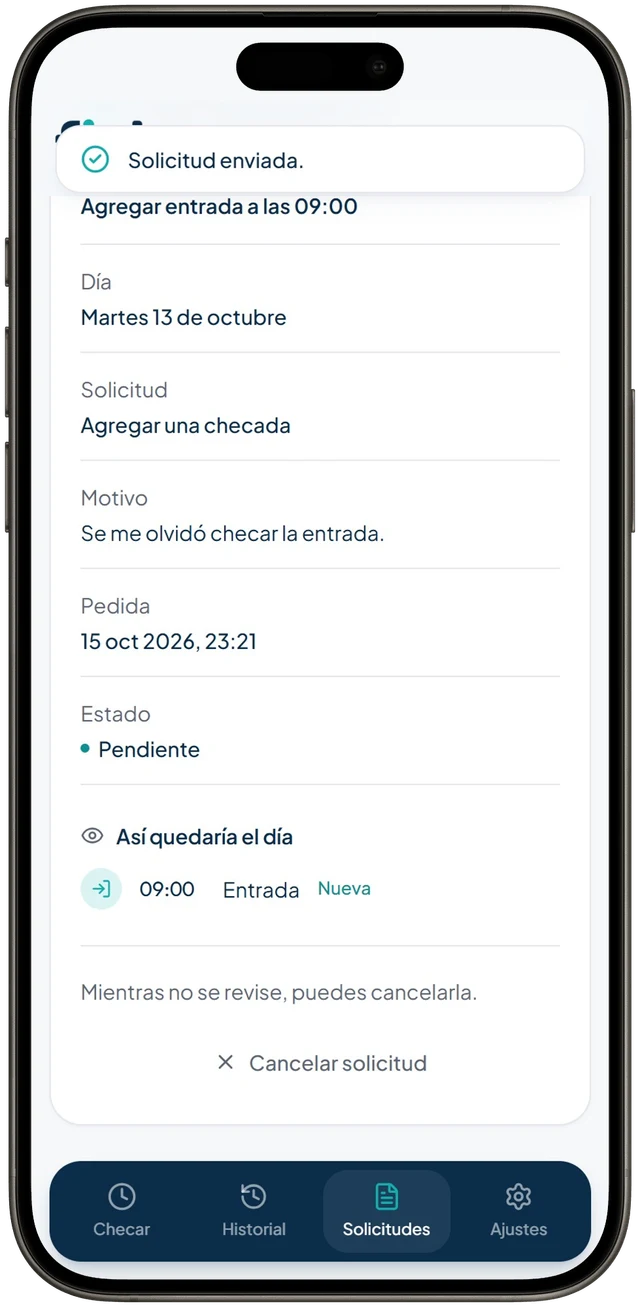 Corrección desde el celular: se elige la entrada que faltó, se escribe el motivo y la solicitud queda pendiente de aprobar.