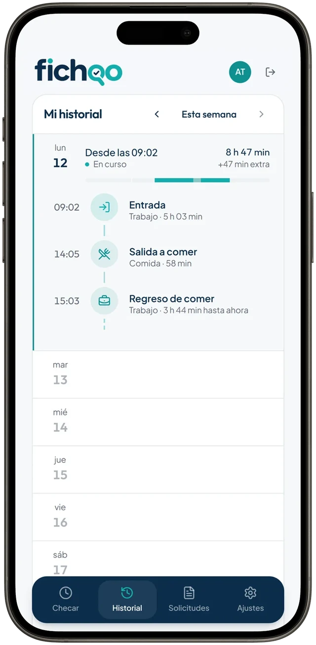 Mi historial en el celular: cada día de la semana con sus horas; al tocar uno se abre su línea de tiempo.